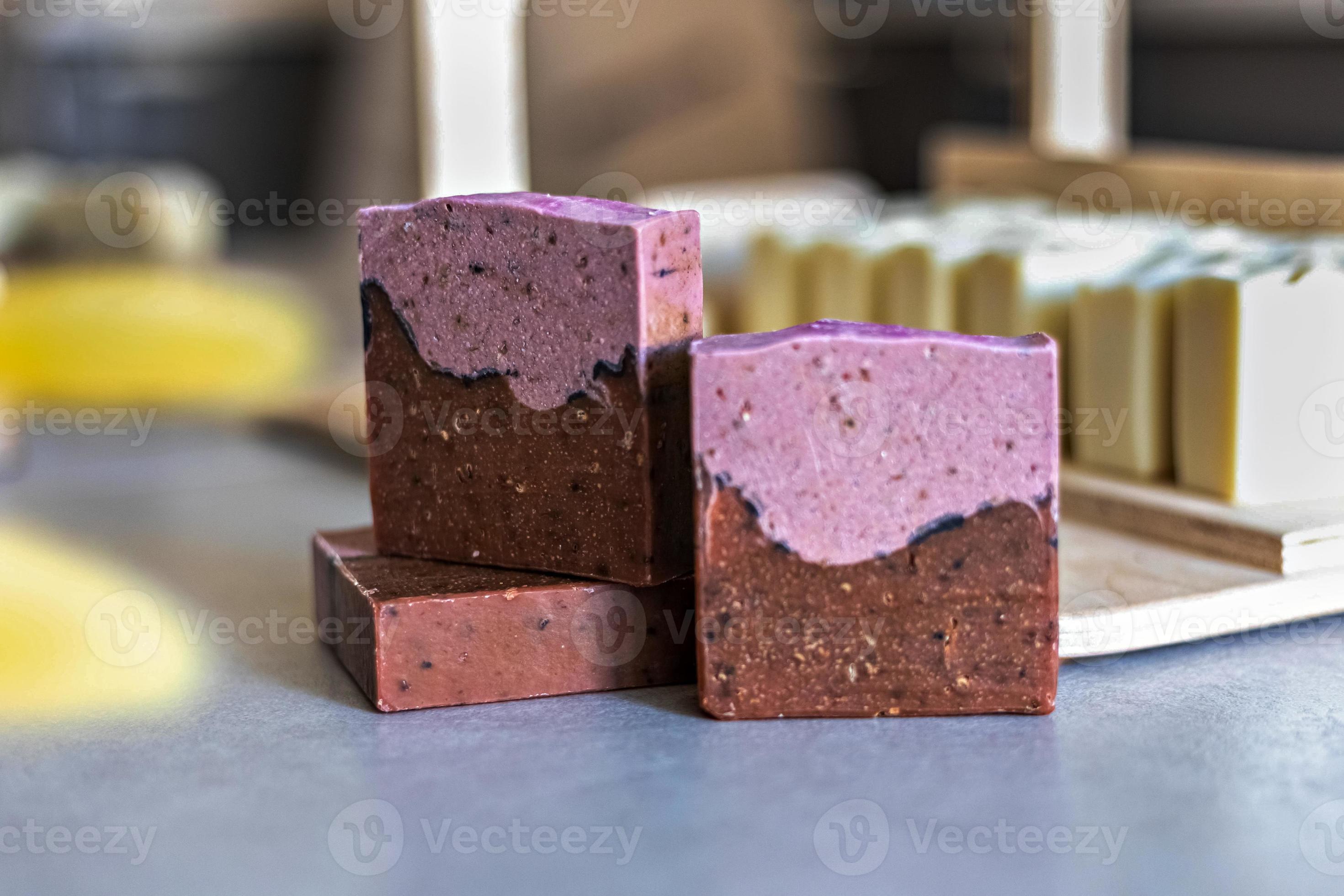 Layout and packaging of fresh prepared handmade soap and cosmetics for body skin care. Home spa