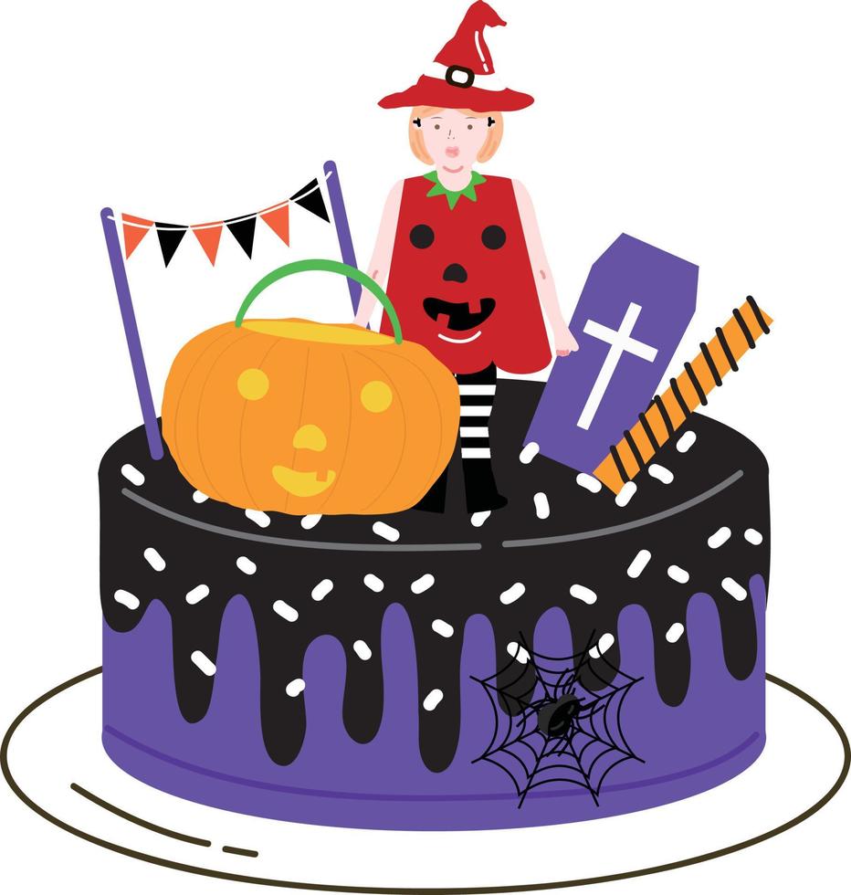 Halloween cupcakes. Cute kids in pumpkin, cat, vampire, witch hat, bat, skeleton and black cat costumes. vector