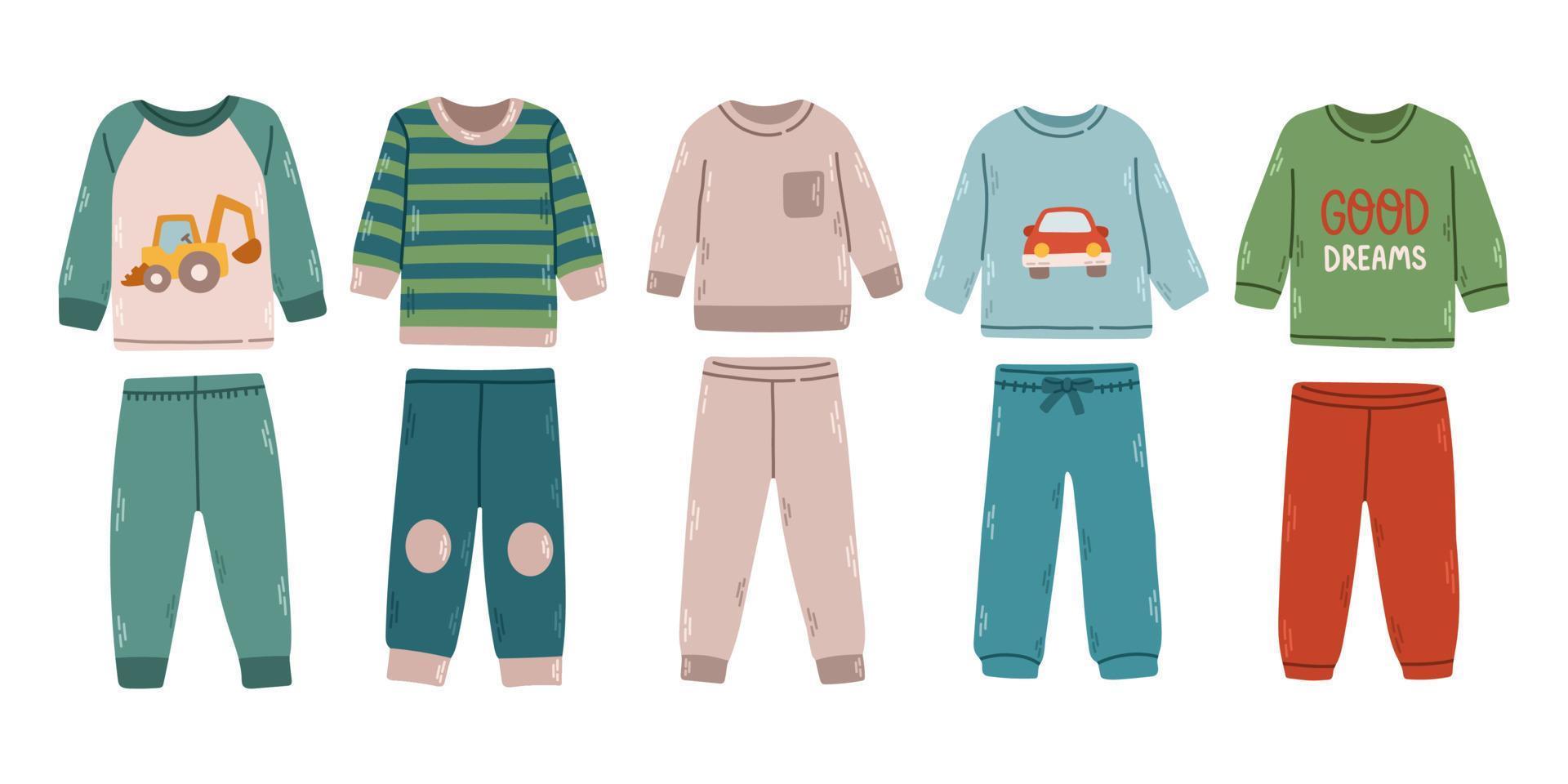 Boys pajamas set. Textile night clothes for kids sleepwear bedtime pajamas vector colored pictures. Vector illustration