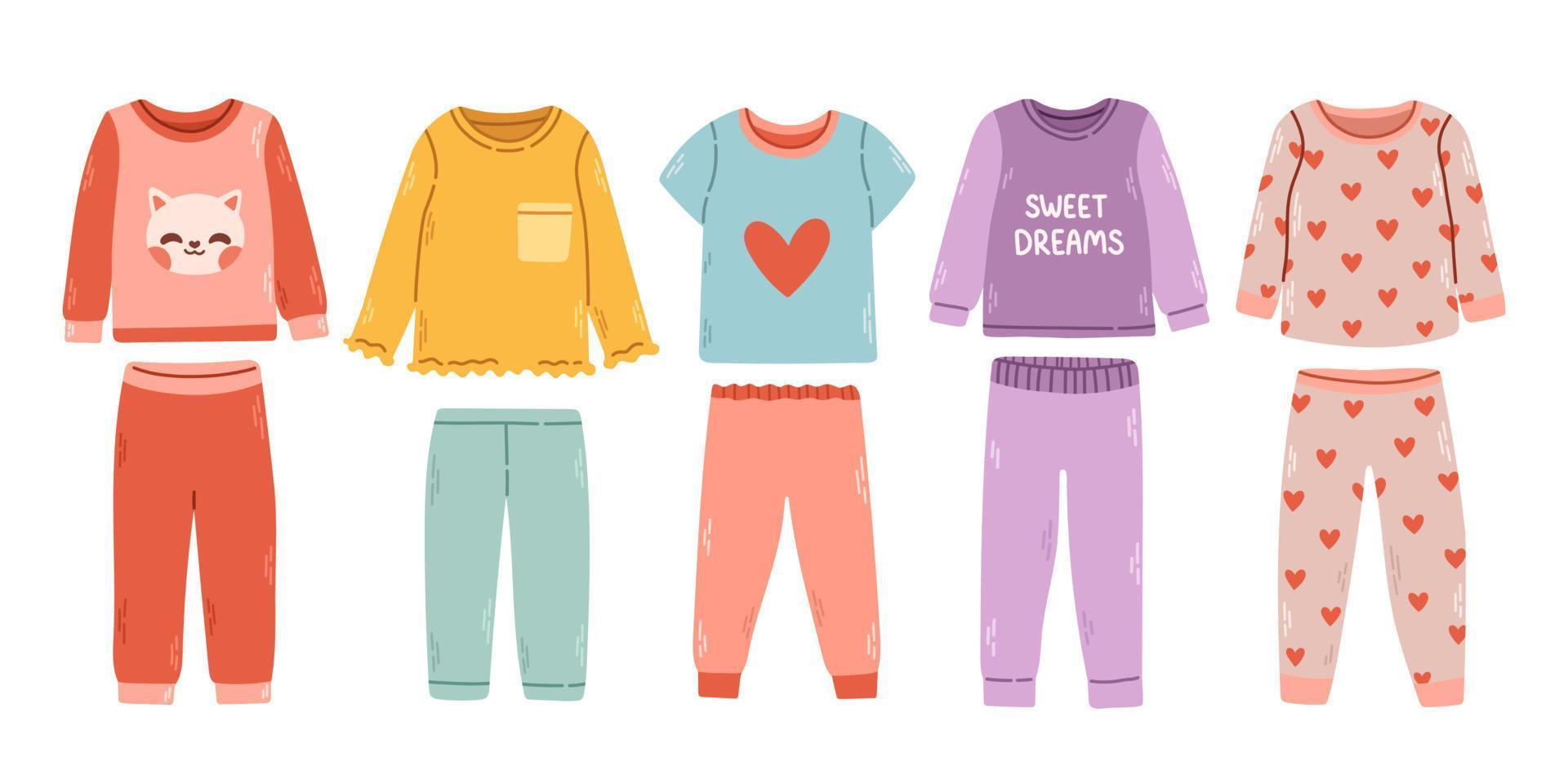 Girl pajamas set. Textile night clothes for kids sleepwear bedtime pajamas vector colored pictures. Vector illustration