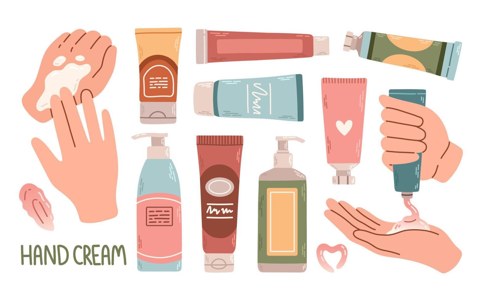 Hand cream set. Close up set of woman hands apply cream from tube. Skincare Beauty and cosmetics. Flat vector illustration.