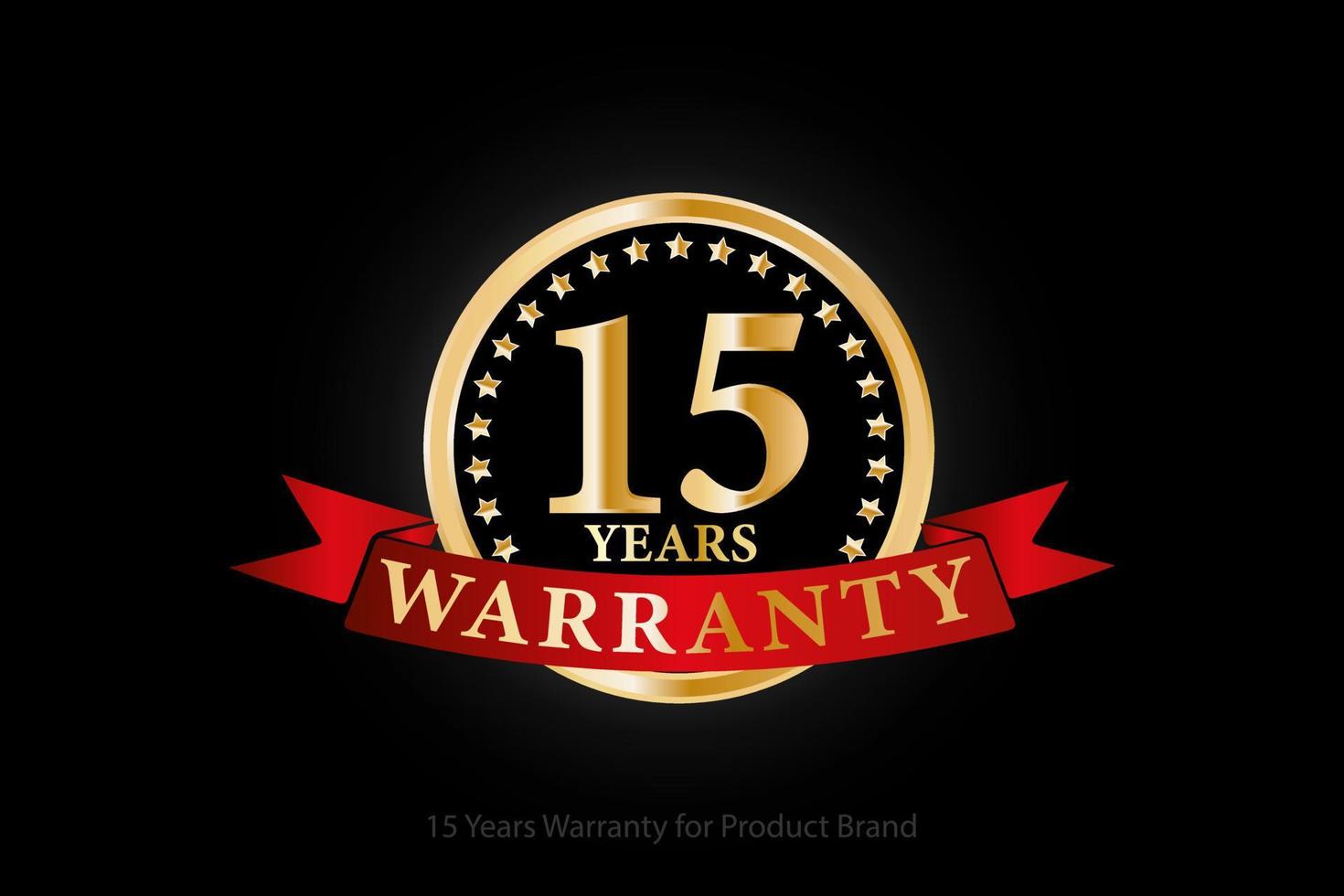 15 years golden warranty logo with ring and red ribbon isolated on black background, vector design for product warranty, guarantee, service, corporate, and your business.