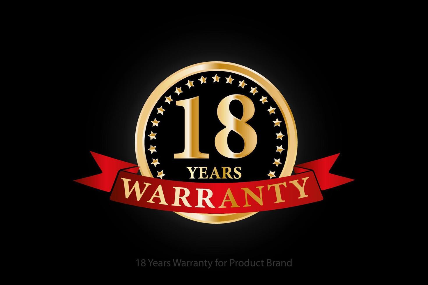 18 years golden warranty logo with ring and red ribbon isolated on black background, vector design for product warranty, guarantee, service, corporate, and your business.