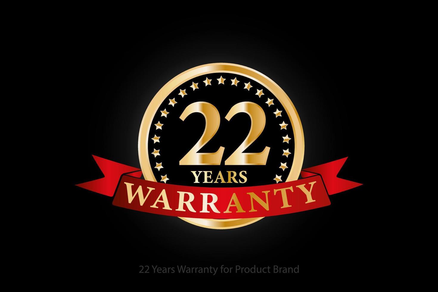 22 years warranty golden logo with ring and red ribbon isolated on black background, vector design for product warranty, guarantee, service, corporate, and your business.