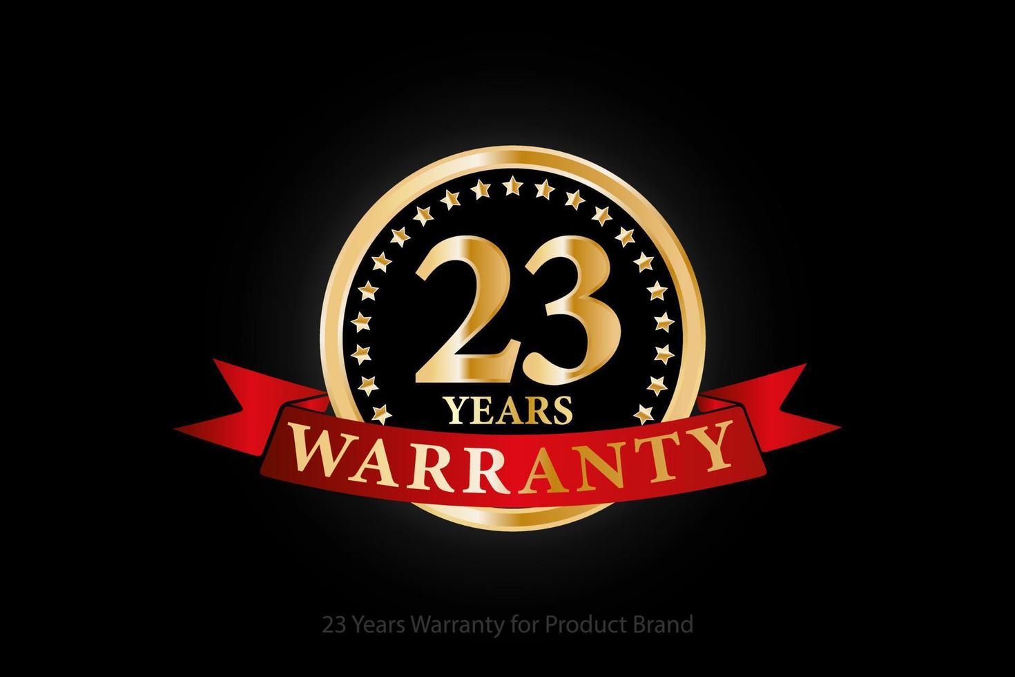 23 years warranty golden logo with ring and red ribbon isolated on black background, vector design for product warranty, guarantee, service, corporate, and your business.