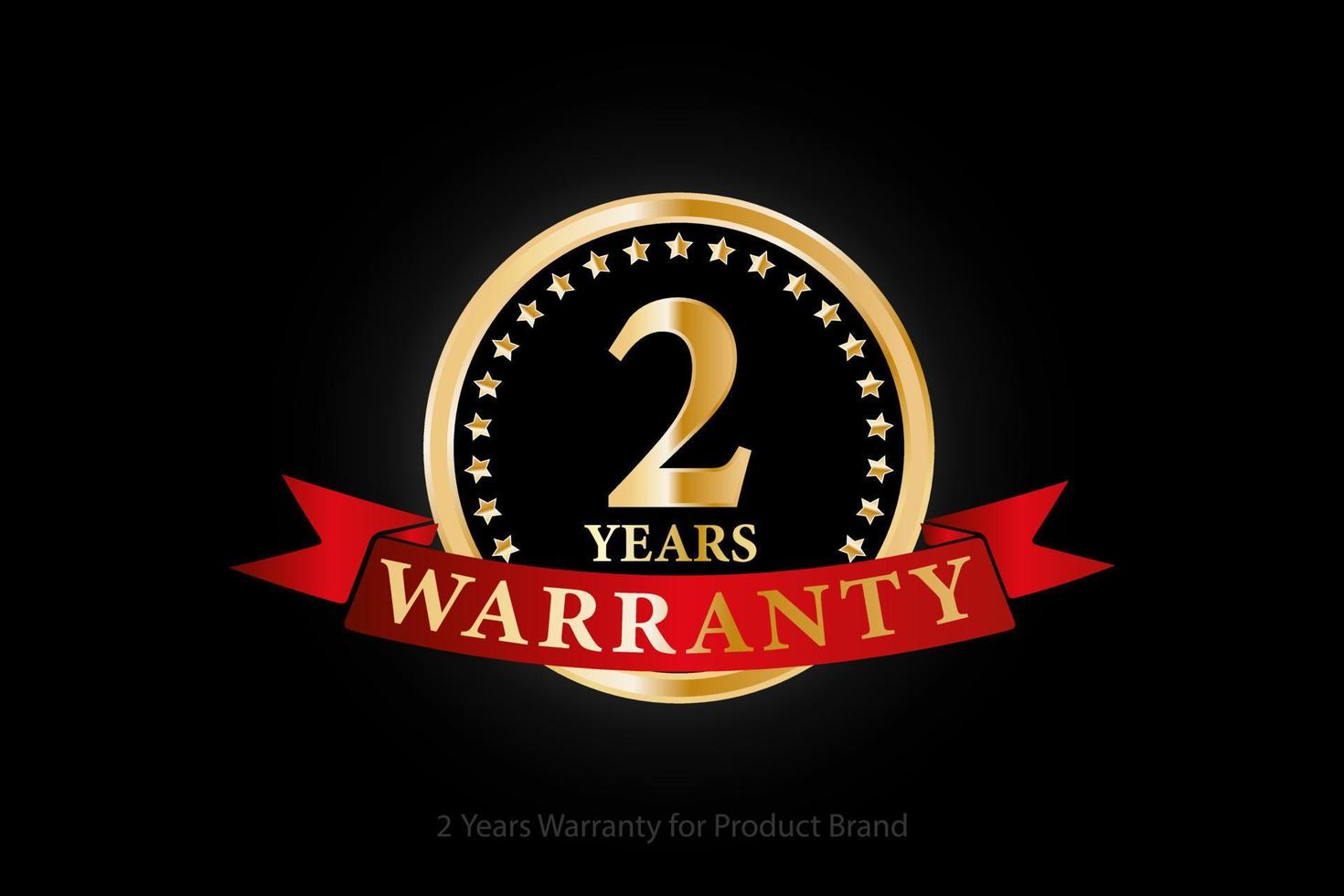 2 years golden warranty logo with ring and red ribbon isolated on black background, vector design for product warranty, guarantee, service, corporate, and your business.