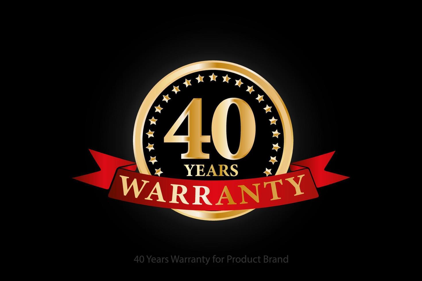 40 years golden warranty logo with ring and red ribbon isolated on black background, vector design for product warranty, guarantee, service, corporate, and your business.