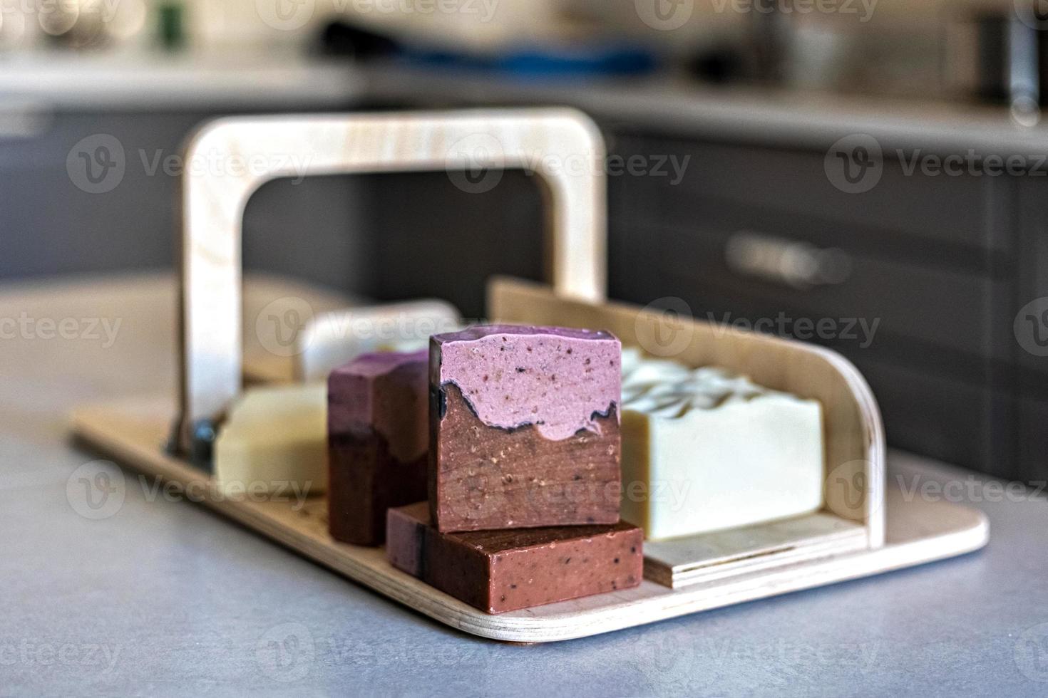 Layout and packaging of fresh prepared handmade soap and cosmetics for body skin care. Home spa. Small business photo