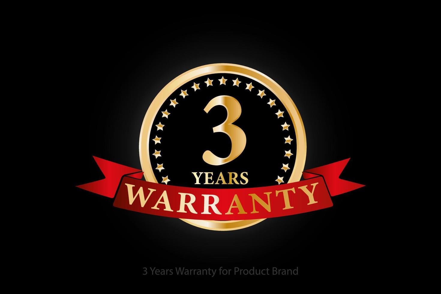 3 years golden warranty logo with ring and red ribbon isolated on black background, vector design for product warranty, service, corporate, and your business.