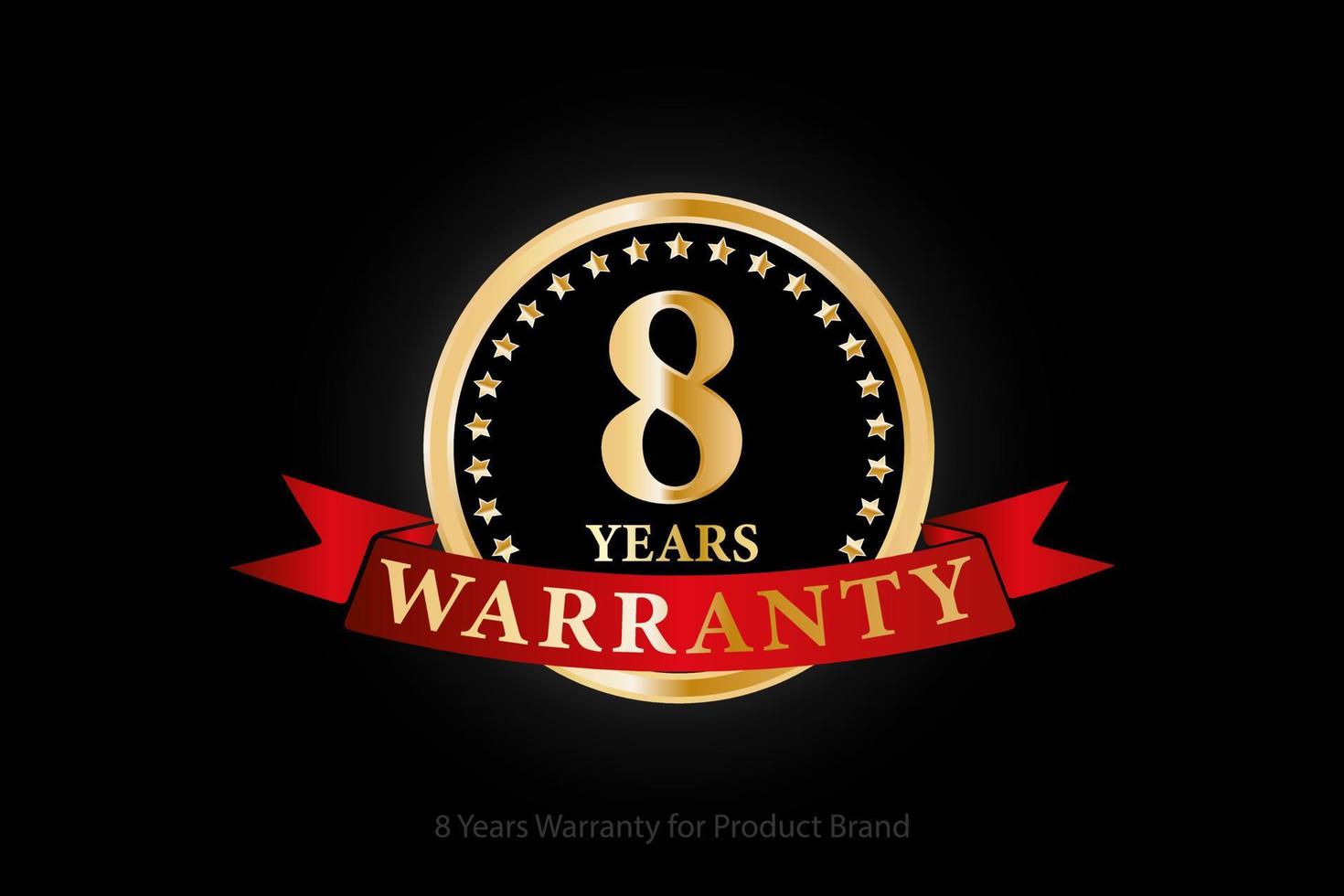 8 years golden warranty logo with ring and red ribbon isolated on black background, vector design for product warranty, service, corporate, and your business.
