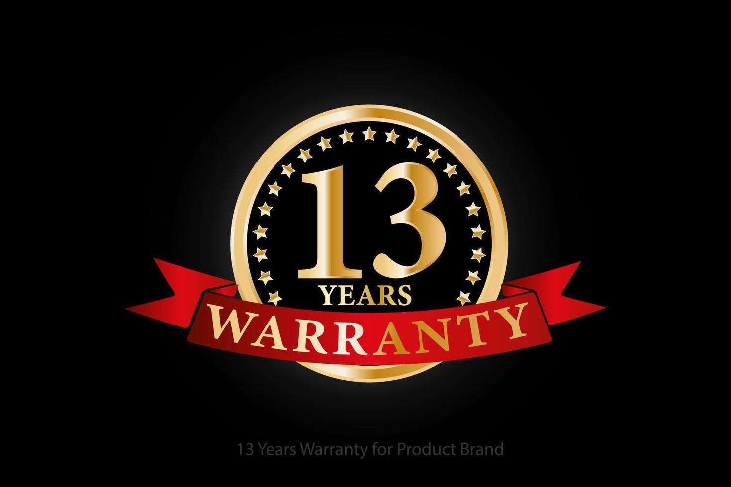 13 years golden warranty logo with ring and red ribbon isolated on black background, vector design for product warranty, guarantee, service, corporate, and your business.