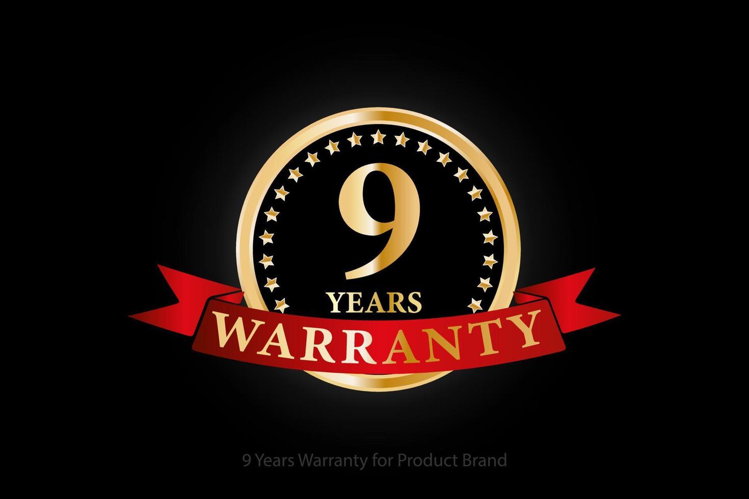 Logotipo de garantía dorada de 9 años con anillo y cinta roja aislado en fondo negro, diseño vectorial para garantía de producto, garantía, servicio, empresa y su negocio. vector