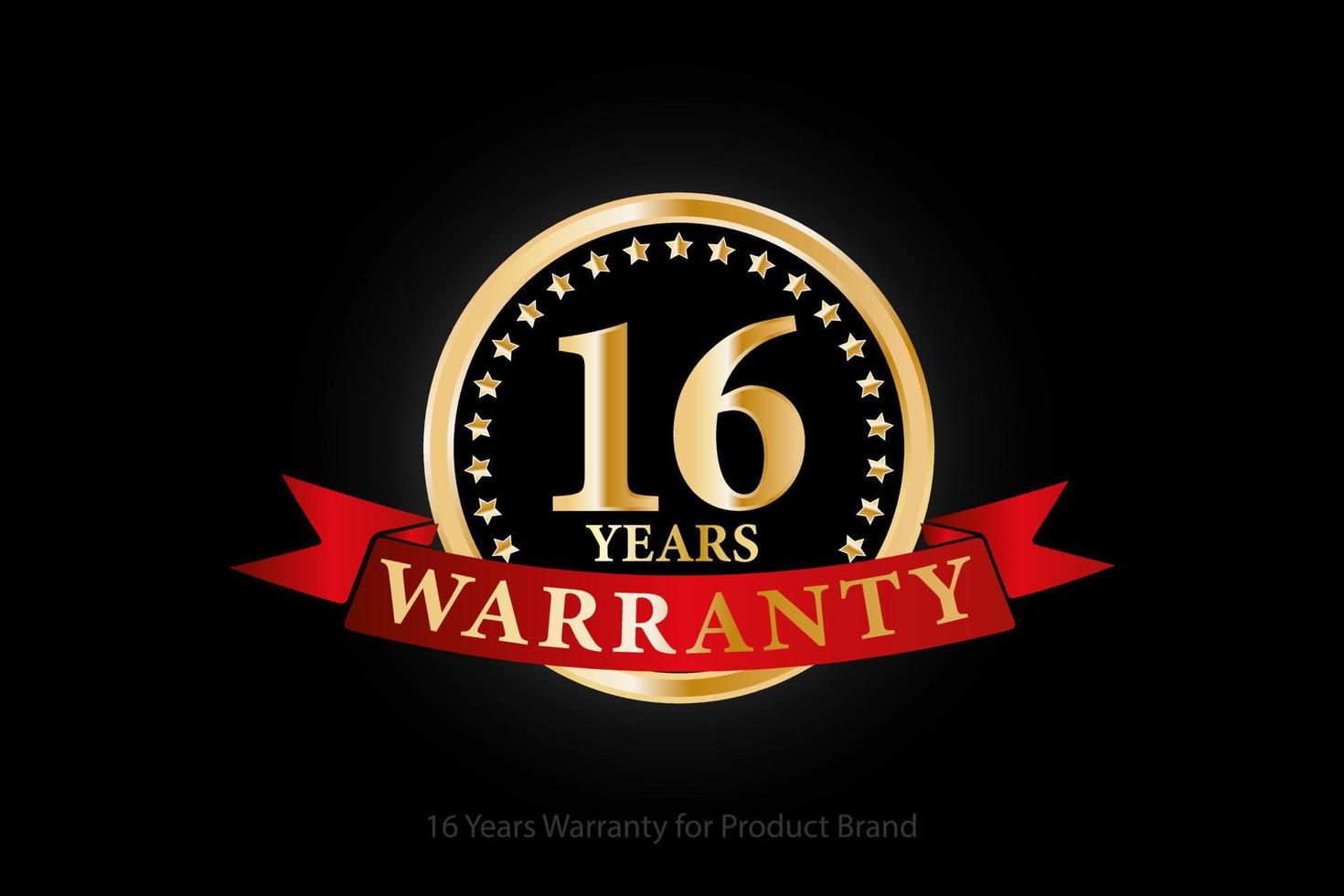 16 years golden warranty logo with ring and red ribbon isolated on black background, vector design for product warranty, guarantee, service, corporate, and your business.