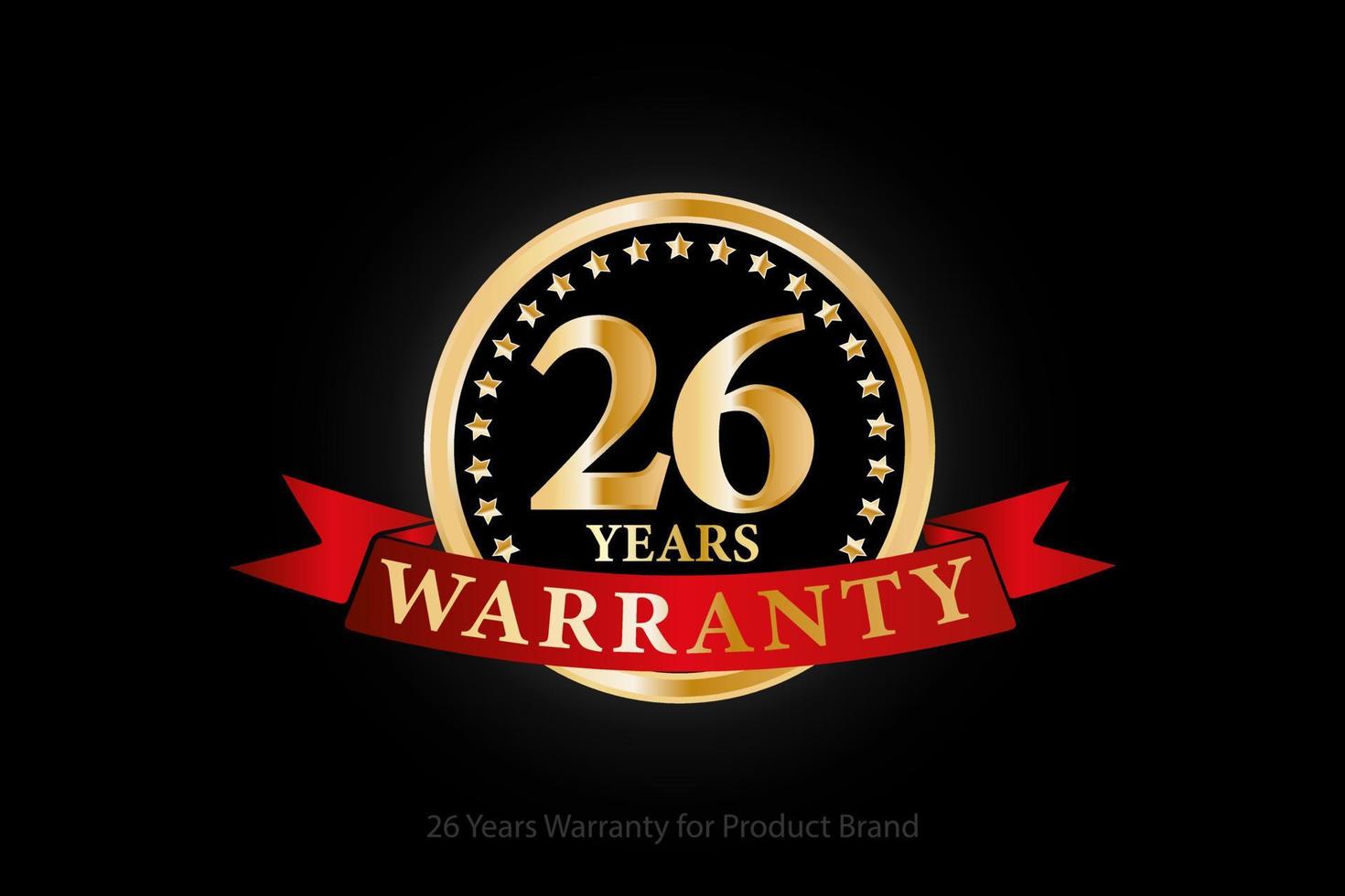 26 years warranty golden logo with ring and red ribbon isolated on black background, vector design for product warranty, guarantee, service, corporate, and your business.