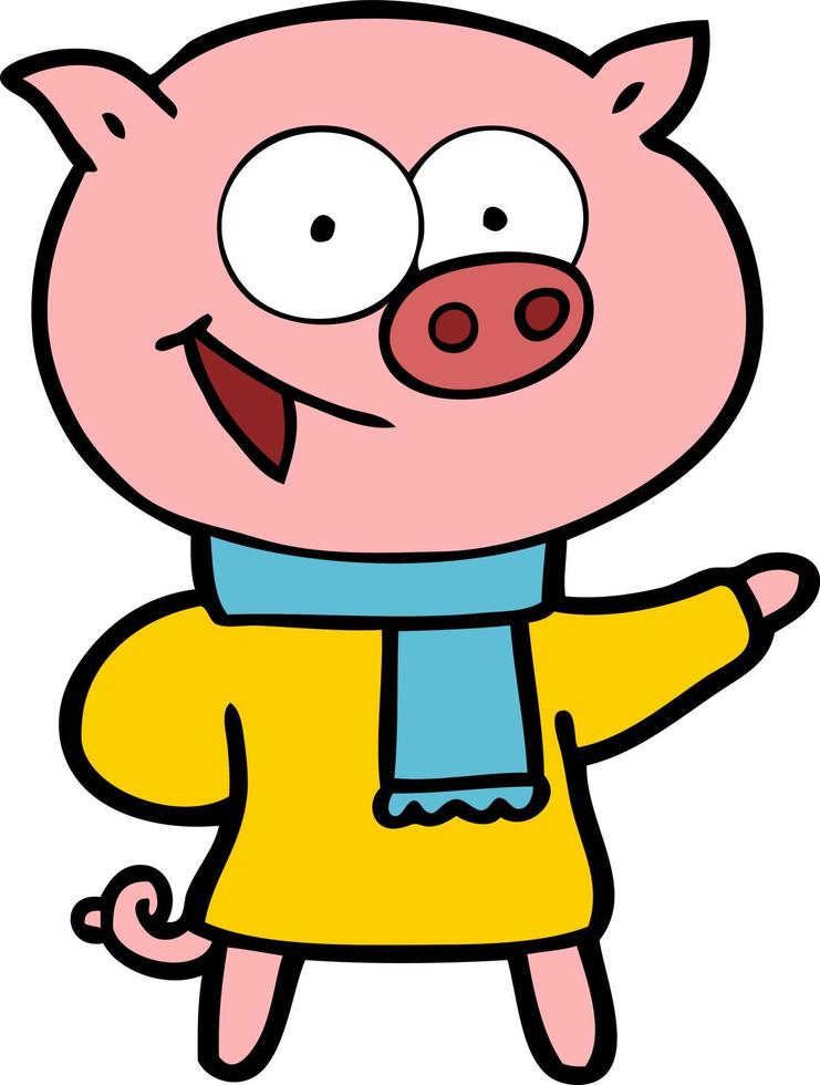 cheerful pig wearing winter clothes cartoon vector