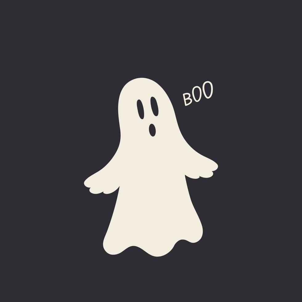 Cute funny Halloween ghost. Scary design illustration. Childish spooky boo character for kids. Flat cartoon style vector