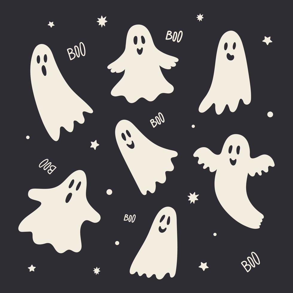 Set of cute funny happy ghosts. Childish spooky boo characters for kids. Magic scary spirits with different emotions and face expressions. Isolated flat cartoon vector illustrations of comic phantoms