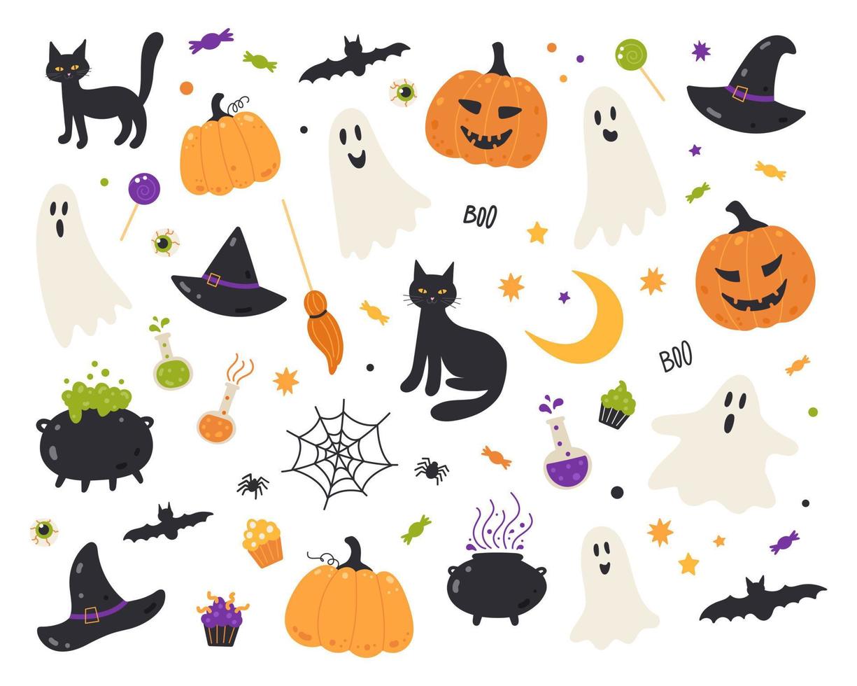 A set of Halloween elements. Ghosts, hats, a broom, a black cat, funny pumpkins, a cauldron with a potion, candy. Suitable for scrapbooking, greeting card, party invitation, poster, tag, sticker set. vector