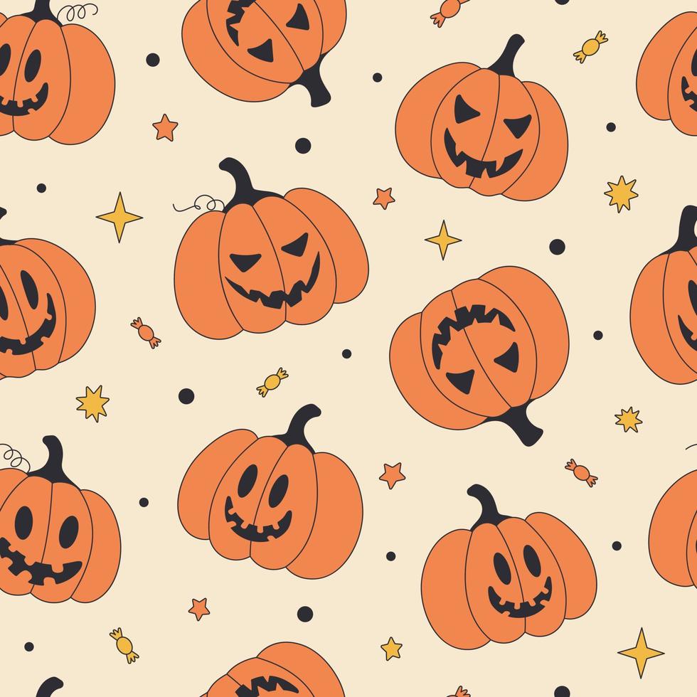 Seamless retro pattern for Halloween holiday with fun pumpkin jack o lantern. Childish vintage background for fabric, wrapping paper, textiles, wallpaper and apparel. vector