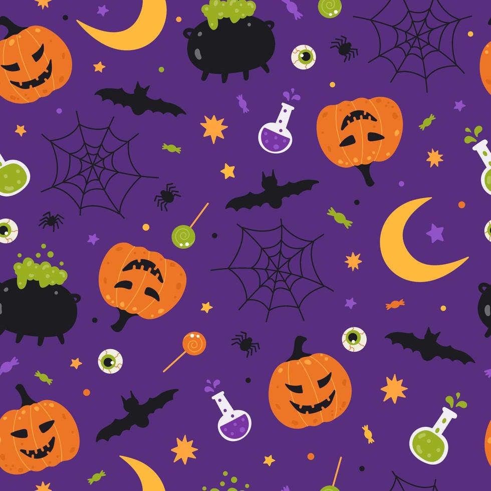 patrón sin costuras de vacaciones con elementos de halloween. calabaza, poción, murciélago, caramelo, araña, telaraña. fondo morado ilustración vectorial vector