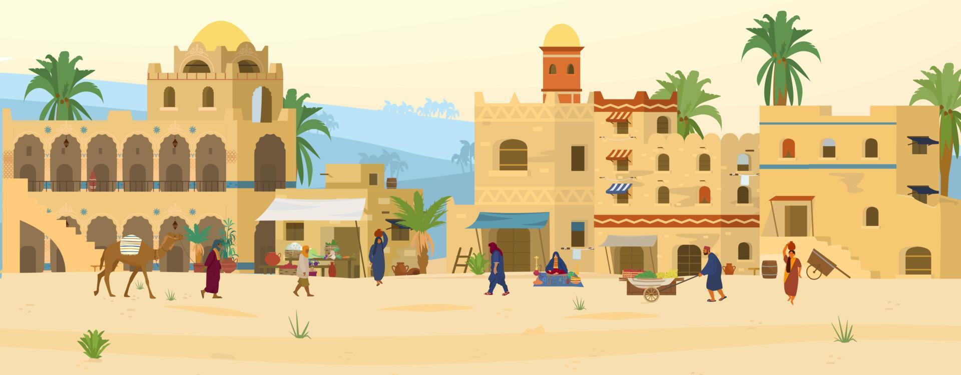 Vector illustration of Middle Eastern Scene. Ancient Arabic City In Desert with traditional mud brick houses and people. Asian Bazaar.