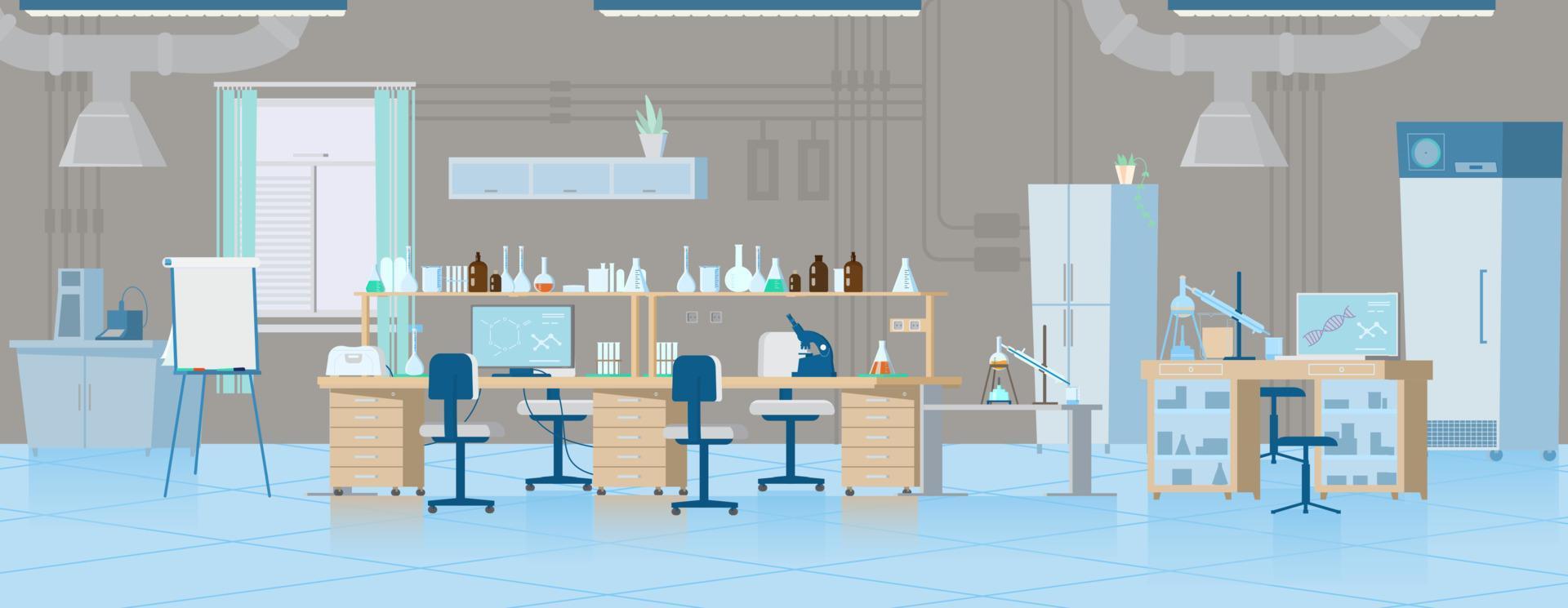 Vector Chemical Laboratory Interior With Equipment. Workplace With Flasks, Reagents, Microscope, Computer etc. Flat Illustration.