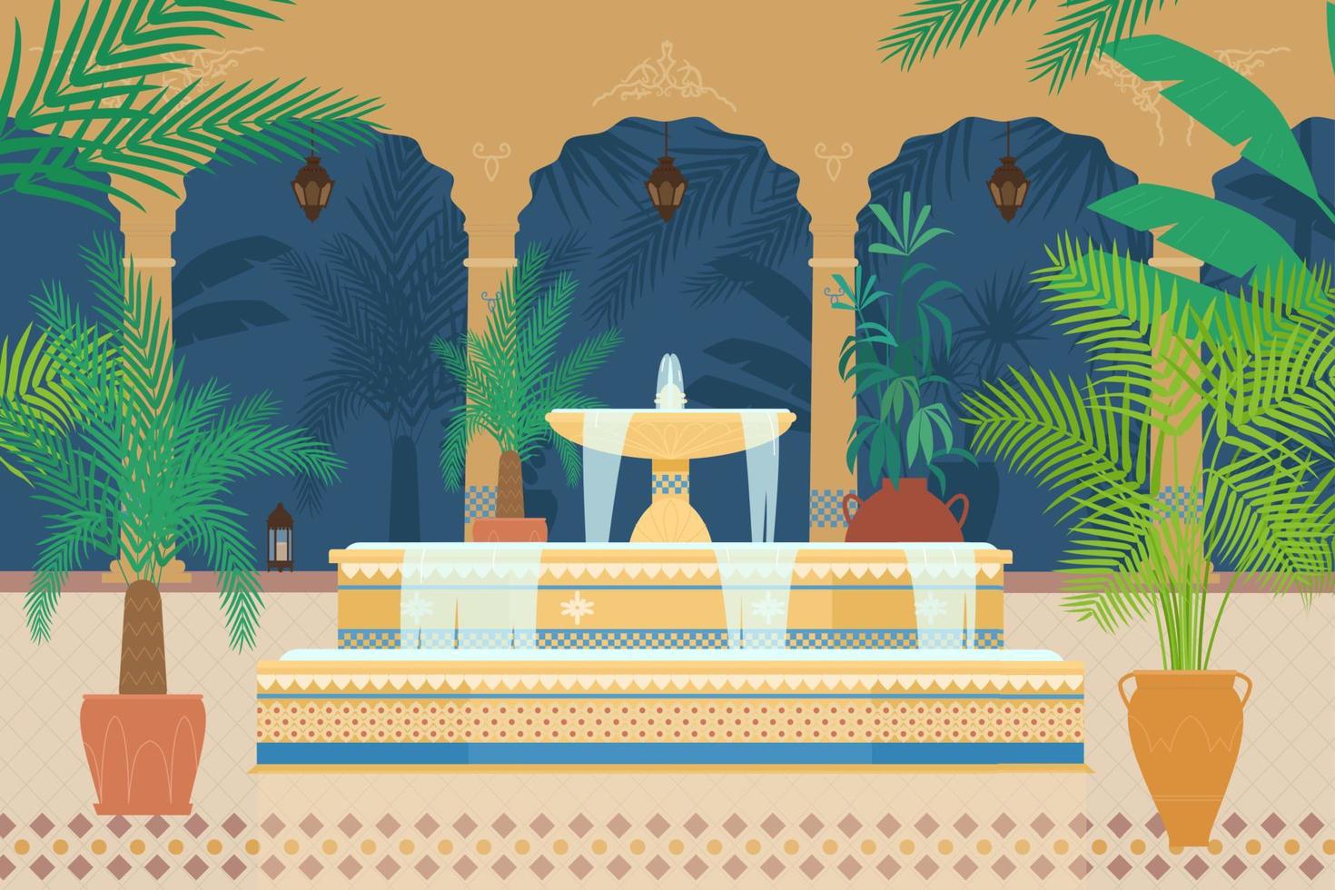 Flat Vector Illustration Of Arabian Palace Garden With Fountain, Tropical Plants, Archs, Lanterns.