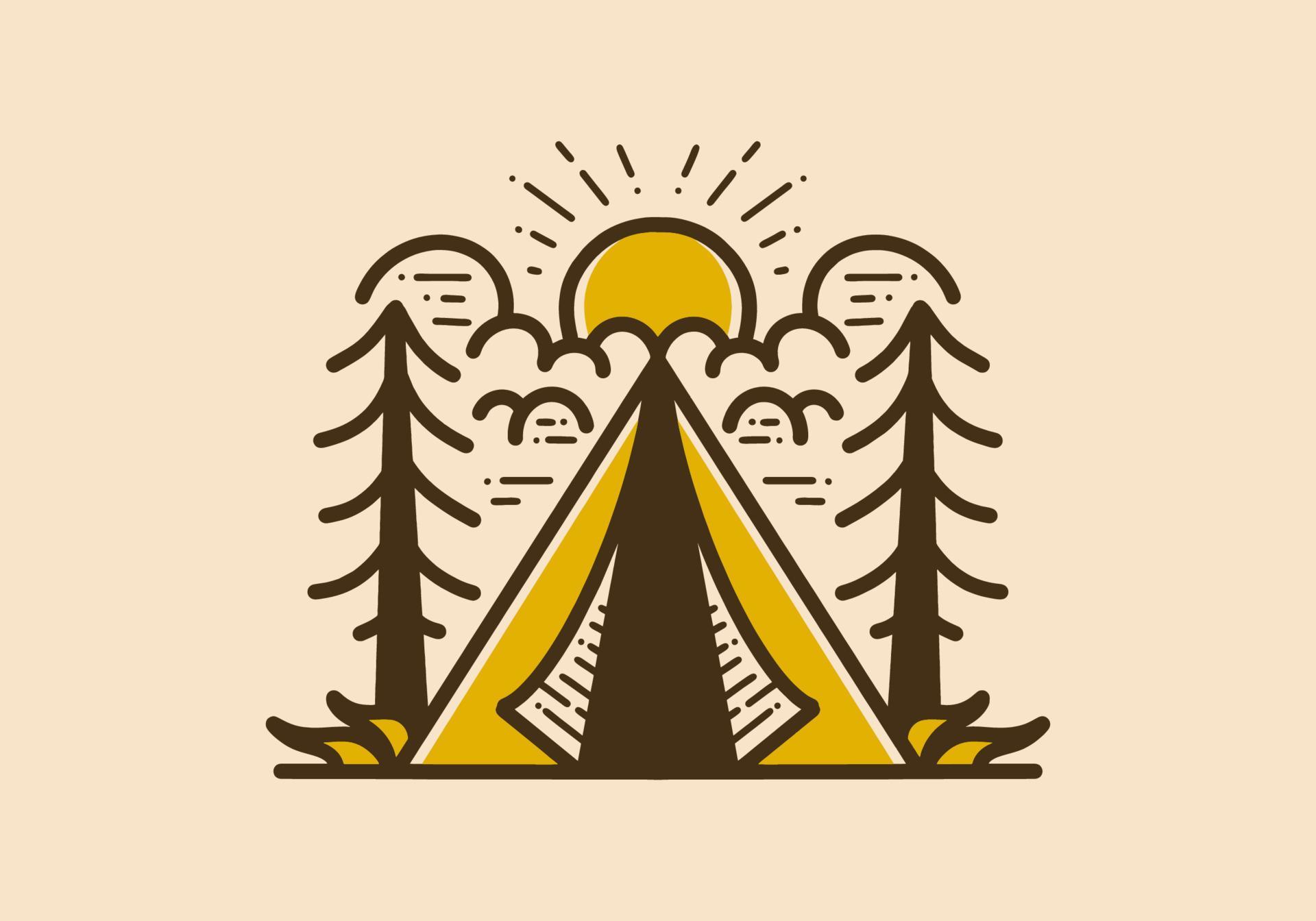 Vintage art illustration of a triangular tent and pine tree 12466547