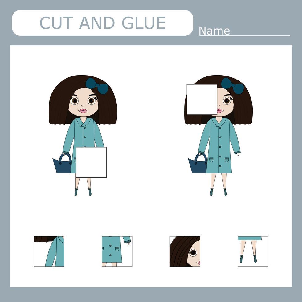 Worksheet vector design, the task is to cut and glue a piece on girls.  Logic game for children.