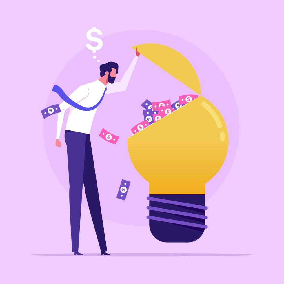 hombre de negocios abre la bombilla con dinero completo. idea hacer dinero concepto, bombilla como idea hacer ganar, ilustración vectorial de negocios vector