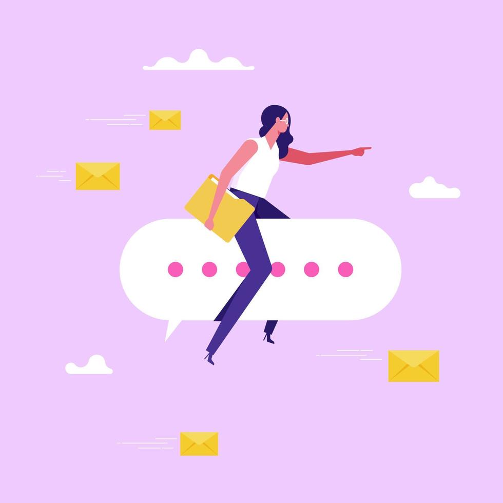 Communication for business, sending message, announcement or dialog for success, meeting talk or communicate idea concept, businesswoman ride speech bubble pointing to target vector