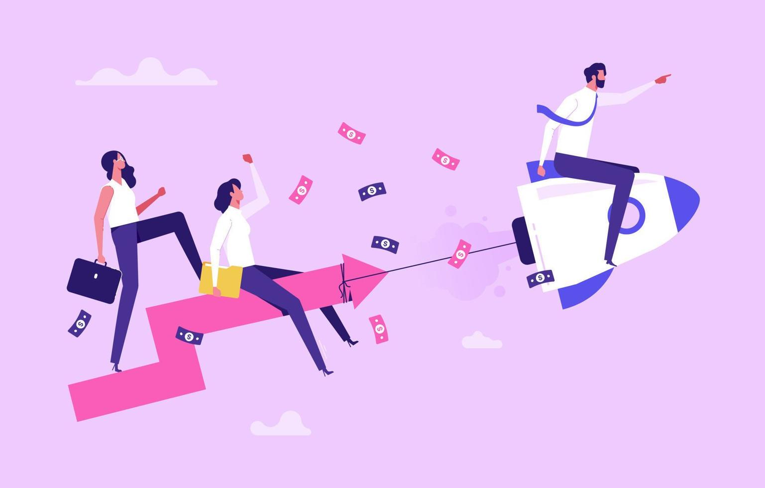 Business boost or successful startup concept with people characters and rocket, flat vector illustration. Company development and growth
