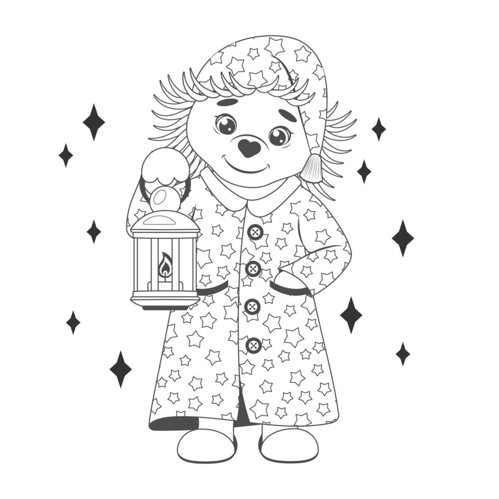 lindo erizo en pijama y con una lámpara. un personaje de cuento de hadas. ilustración infantil monocromática. ilustración vectorial libro para colorear para niños. aislado en blanco vector