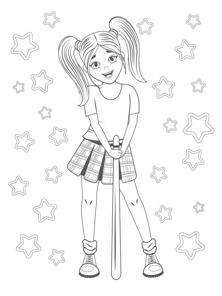 cute girl with baton. Kawaii character. Monochrome children illustration. Vector illustration. Childrens coloring book. Isolated on white.