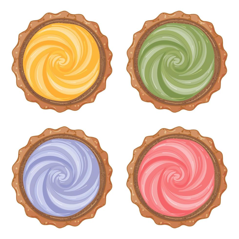 Set of vector cupcakes, different colors of cream. Top view cartoon icon. Isolated on white.