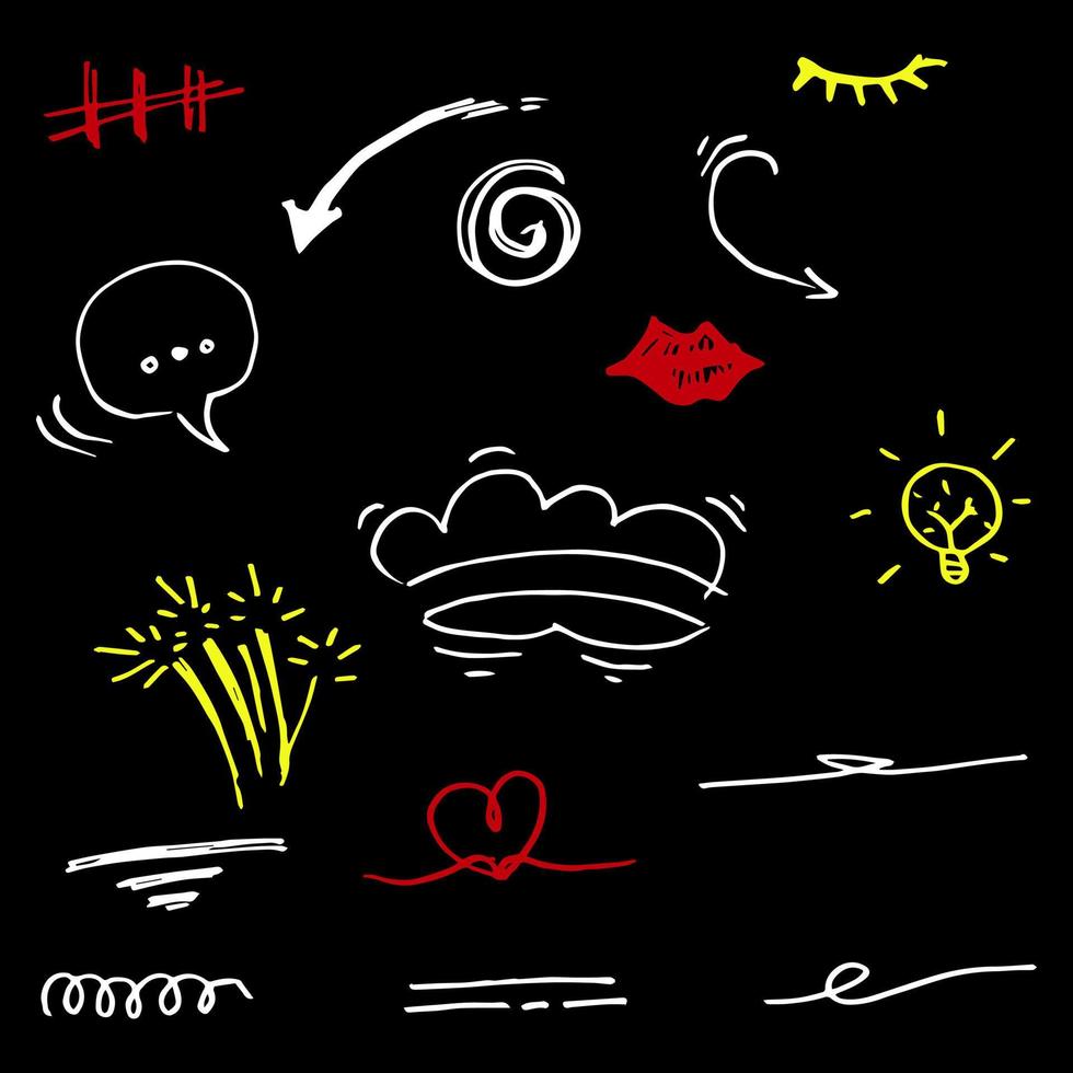 Hand drawn doodle vector design element set. firework, swoops, swirl, arrow, heart, love, crown, flower, star, starburst, ribbon, highlight text and emphasis element. black on white