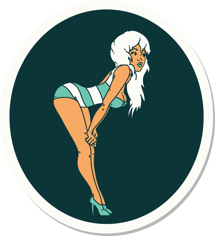 tattoo style sticker of a pinup girl in swimming costume vector