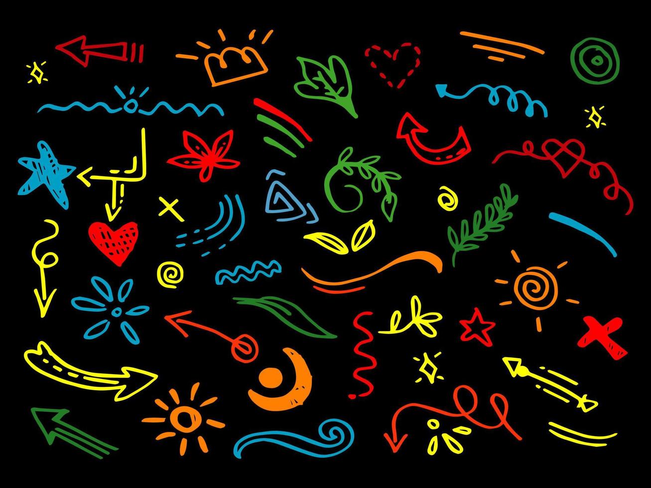 Vector hand drawn collection of design element. curly swishes, swoops, swirl, arrow, heart, love, crown, leaf, star, sun burst, firework, highlight text and emphasis element. use for concept design