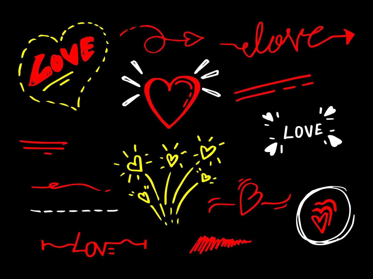 Vector hand drawn collection of design element. curly swishes, swoops, swirl, arrow, heart, love, crown, leaf, star, sun burst, firework, highlight text and emphasis element. use for concept design