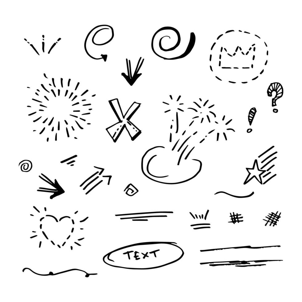 Vector hand drawn collection of design element. curly swishes, swoops, swirl, arrow, heart, love, crown, leaf, star, sun burst, firework, highlight text and emphasis element. use for concept design