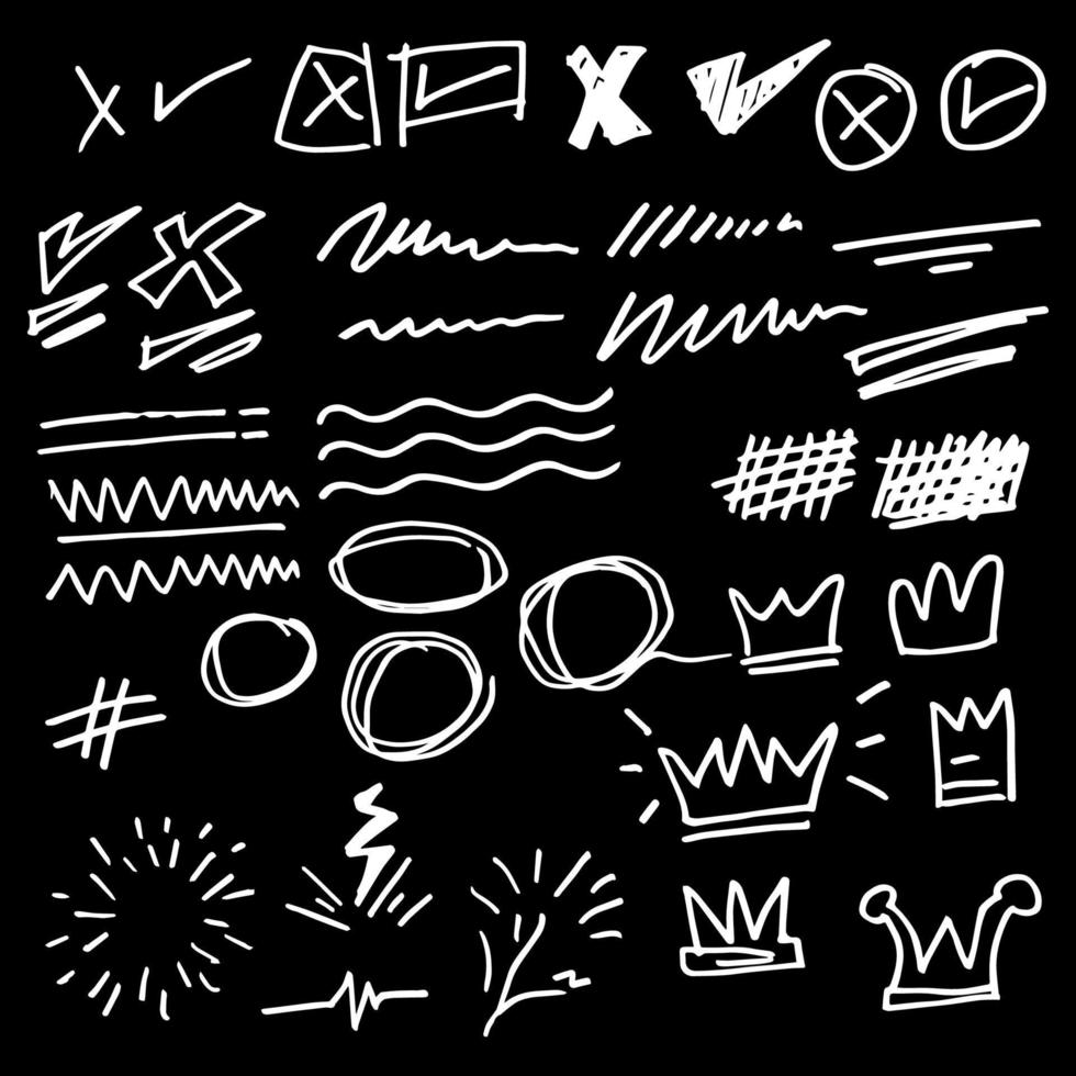 Vector hand drawn collection of design element. curly swishes, swoops, swirl, arrow, heart, love, crown, leaf, star, sun burst, firework, highlight text and emphasis element. use for concept design