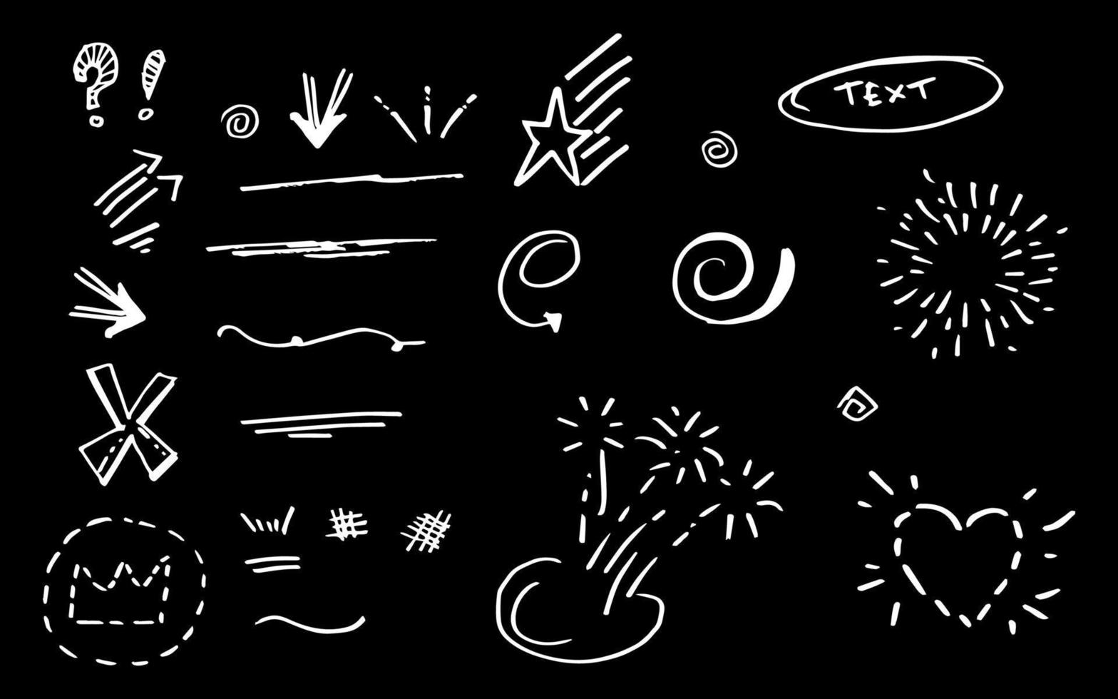 Vector hand drawn collection of design element. curly swishes, swoops, swirl, arrow, heart, love, crown, leaf, star, sun burst, firework, highlight text and emphasis element. use for concept design