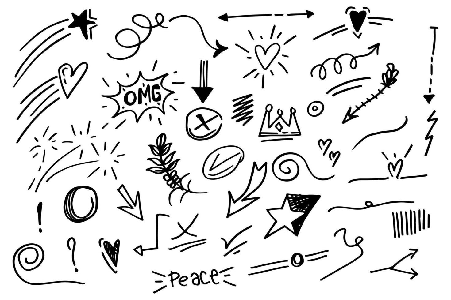 Vector hand drawn collection of design element. curly swishes, swoops, swirl, arrow, heart, love, crown, leaf, star, sun burst, firework, highlight text and emphasis element. use for concept design