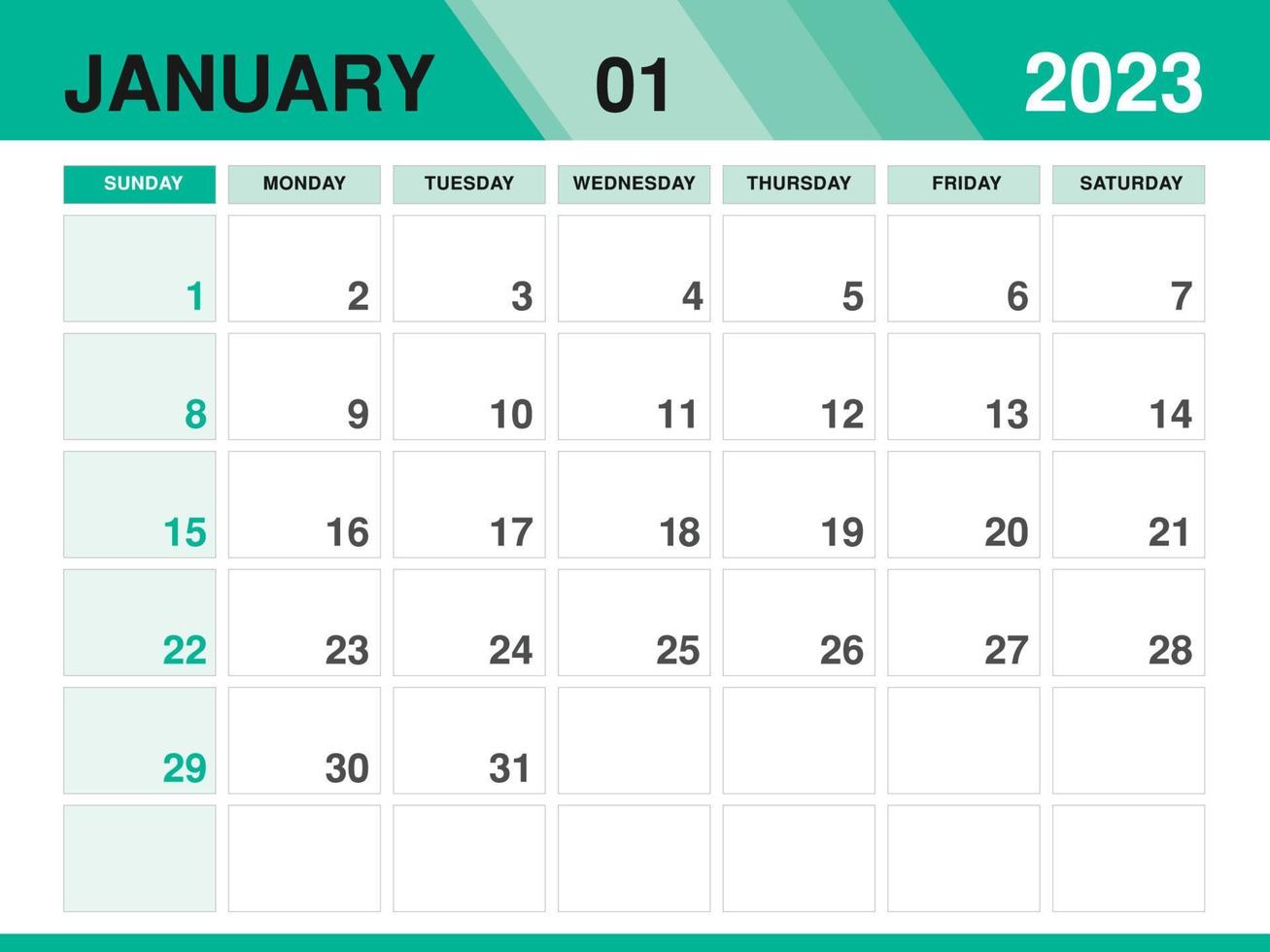 January 2023 template, Calendar 2023 template vector, planner monthly design, Desk calendar 2023, Wall calendar design, Minimal style, advertisement, poster, printing media, green background concept vector