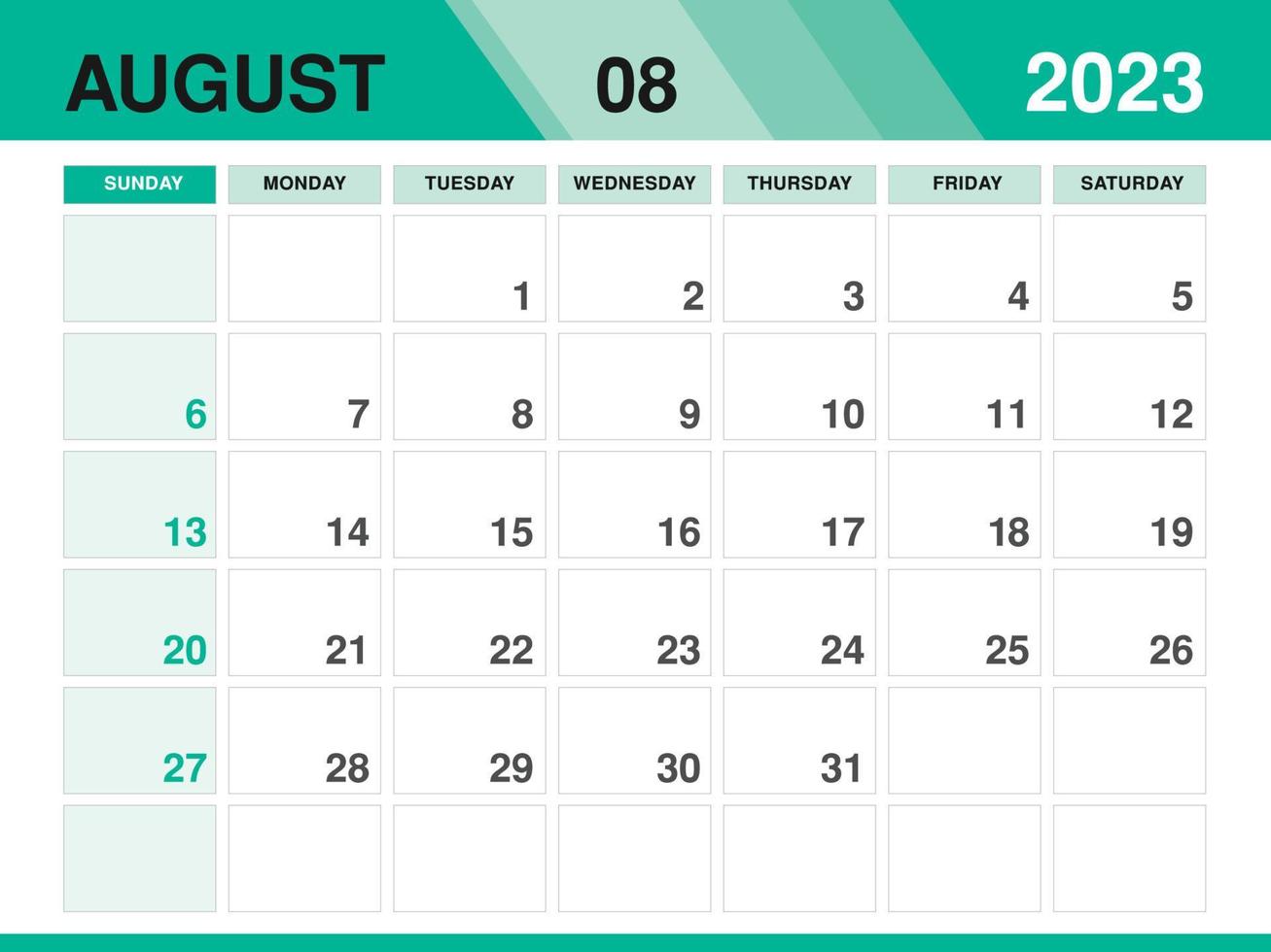 August 2023 template, Calendar 2023 template vector, planner monthly design, Desk calendar 2023, Wall calendar design, Minimal style, advertisement, poster, printing media, green background concept vector