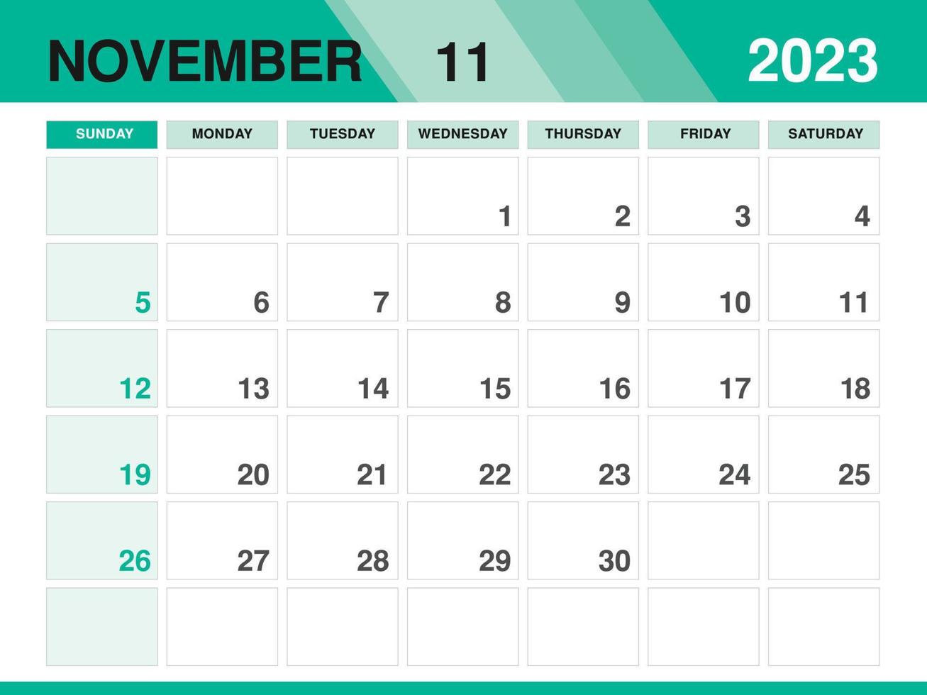 November 2023 template, Calendar 2023 template vector, planner monthly design, Desk calendar 2023, Wall calendar design, Minimal style, advertisement, poster, printing media, green background concept vector