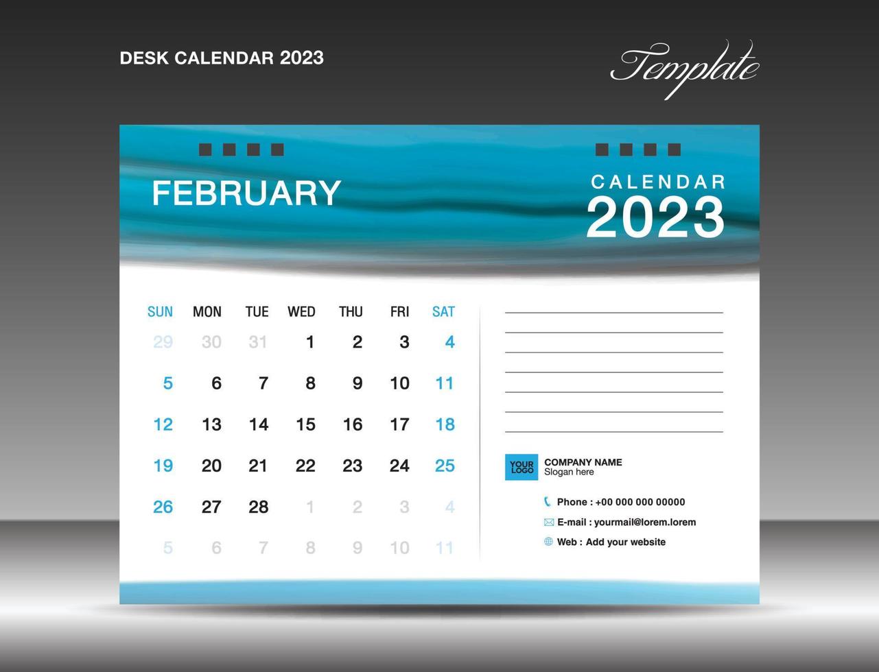 calendario de escritorio 2023 - plantilla de febrero de 2023, plantilla de diseño de calendario 2023, planificador, simple, diseño de calendario de pared, la semana comienza el domingo, impresión, anuncio, fondo de acuarela azul, vector