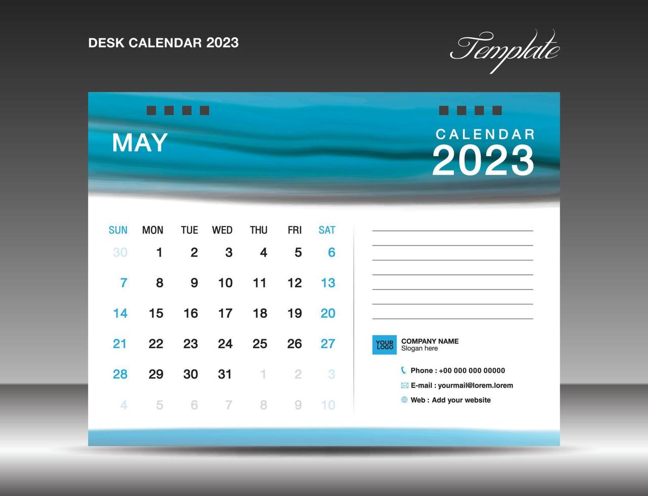 calendario de escritorio 2023 - plantilla de mayo de 2023, plantilla de diseño de calendario 2023, planificador, simple, diseño de calendario de pared, la semana comienza el domingo, impresión, anuncio, fondo de acuarela azul, vector