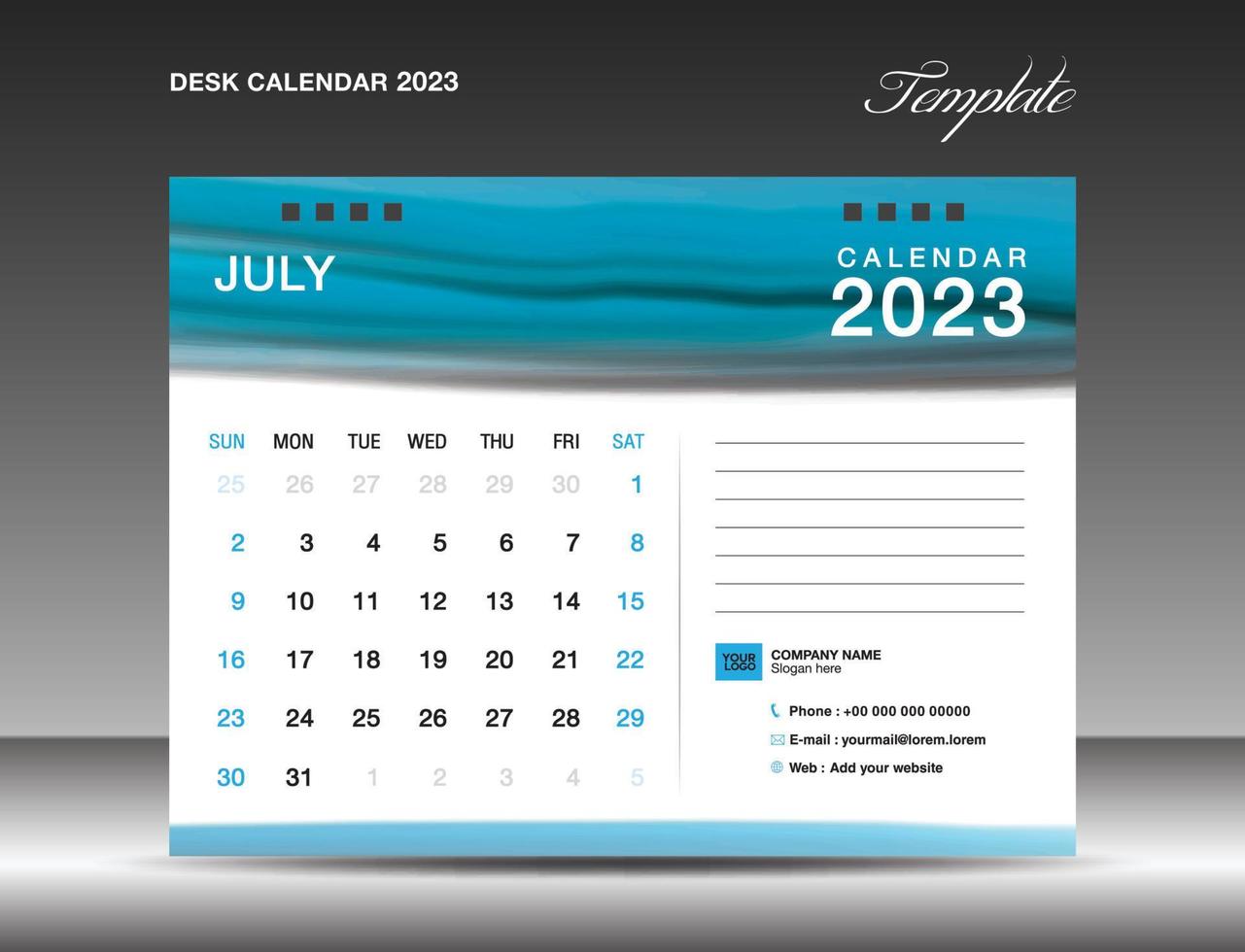 Desk calender 2023 - July 2023 template, Calendar 2023 design template, planner, simple, Wall calendar design, week starts on sunday, printing, advertiement, Blue watercolor background, vector