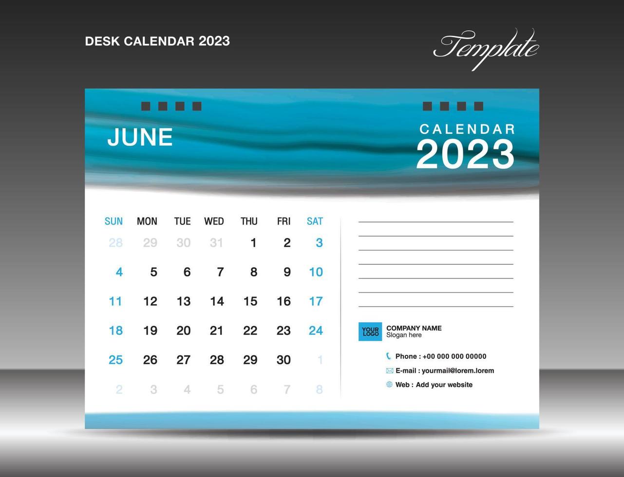 Desk calender 2023 - June 2023 template, Calendar 2023 design template, planner, simple, Wall calendar design, week starts on sunday, printing, advertiement, Blue watercolor background, vector